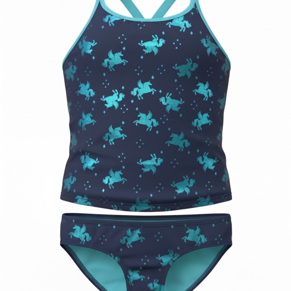 Girls' Navy Unicorn Print Tankini Top - Blue - Picture 3 of 3